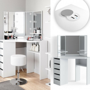 SEA354 - Set Masa alba toaleta cosmetica machiaj oglinda cu LED, masuta vanity pe colt cu incarcare USB
