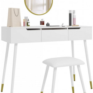 SEA365 - Set Masa toaleta, 100 cm, cosmetica machiaj, oglinda, masuta vanity - Alb-Auriu