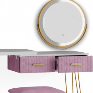 SEA394 - Set Masa toaleta, 120 cm, cosmetica machiaj, oglinda cu LED, masuta vanity, scaun tapitat - Alb-Auriu-Roz