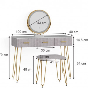 SEA395 - Set Masa toaleta, 100 cm, cosmetica machiaj, oglinda cu LED, masuta vanity, scaun tapitat - Alb-Auriu-Gri