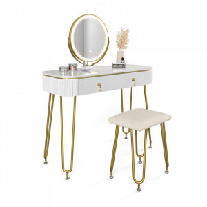 SEA398 - Set Masa toaleta, 100 cm, cosmetica machiaj, oglinda cu LED, scaunel taburet tapitat - Alb Lucios-Auriu