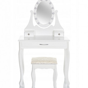 SEA519 - Set Masa alba toaleta, 75 cm, cosmetica machiaj oglinda cu LED, masuta vanity, scaunel, taburet tapitat