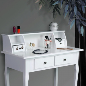 SEA601 - Set Masa toaleta, 80 cm, consola cosmetica machiaj masuta vanity make-up cu raft si scaun tapitat pentru hol - Alb