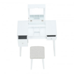 SEA605 - Set Masa toaleta, 80 cm, consola cosmetica machiaj masuta vanity make-up cu oglinda rabatabila si scaun tapitat- Alb