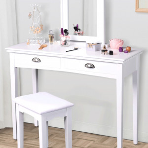 SEA606 - Set Masa toaleta, 100 cm, consola cosmetica machiaj masuta vanity make-up cu oglinda si scaun tapitat- Alb