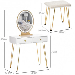 SEA71 - Set Masa toaleta, 80 cm, cosmetica machiaj, oglinda cu LED si scaun, masuta vanity - Alb-Auriu