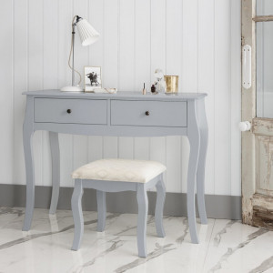 SEG114 - Set Masa gri toaleta, 100 cm, cosmetica machiaj, masuta vanity, scaunel, taburet tapitat - Lisabona
