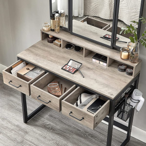 SEG206 - Set Masa toaleta, 90 cm, cosmetica machiaj cu oglinda tripla, masuta vanity - Grej stil industrial