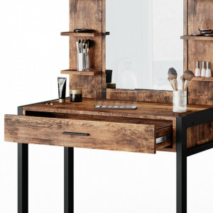 SEM226 - Set Masa toaleta, 80 cm, cosmetica machiaj oglinda cu sau fara LED, masuta vanity, cu sau fara bancuta - Maro stil industrial
