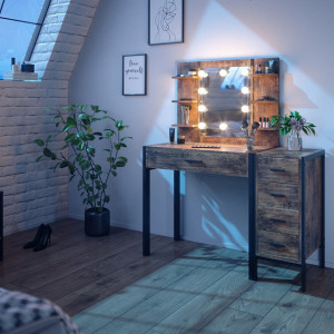 SEM227 - Set Masa toaleta, 110 cm, cosmetica machiaj oglinda cu sau fara LED, masuta vanity, cu sau fara bancuta - Maro stil industrial