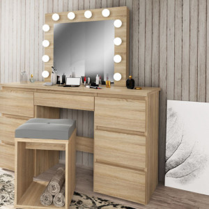 SEM507 - Set Masa toaleta, 120 cm, cosmetica machiaj, masuta vanity, oglinda cu LED-uri - Sonoma