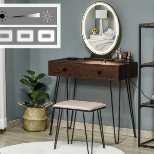 SEM6 - Set Masa toaleta, 80 cm, cosmetica machiaj, oglinda cu LED si scaun, masuta vanity - Maro