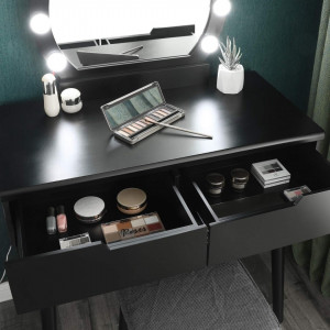 SEN122 - Set Masa neagra toaleta cosmetica machiaj oglinda masuta vanity, scaunel, taburet tapitat