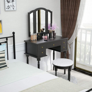 SEN124 - Set Masa toaleta cosmetica 85 cm machiaj masuta vanity, oglinda make-up, cosmetica cu scaun tapitat - Negru