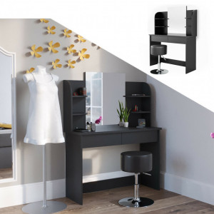 SEN221 - Set Masa neagra toaleta, 108 cm, cosmetica machiaj oglinda masuta vanity, oglinda cu sau fara LED, cu sau fara scaun