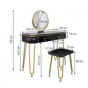 SEN237 - Set Masa toaleta, 100 cm, cosmetica machiaj, oglinda cu LED, scaunel taburet tapitat - Negru Lucios-Auriu