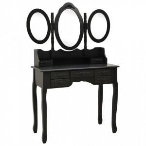 SEN701 - Set Masa toaleta, 90 cm, cosmetica machiaj cu oglinda, masuta vanity, scaun tapitat - Neagra