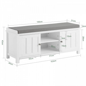 BAA11 - Banca, 103 cm, bancuta pentru Hol, depozitare pantofi cu dulapuri si raft - Alba