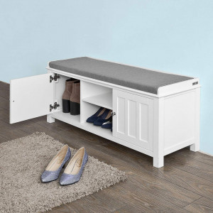 BAA11 - Banca, 103 cm, bancuta pentru Hol, depozitare pantofi cu dulapuri si raft - Alba