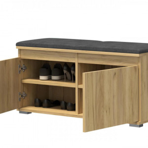 BAM507 - Banca 100x37x51 cm, Pantofar pentru Hol, pantofi, depozitare - Culoarea Stejar cu tapiterie Gri/Albastru/Verde