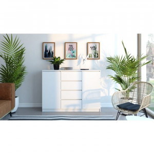 COA503 - Comoda 120 cm, cu 4 sertare si 2 dulapuri pentru dormitor, living, dining - Alb Mat