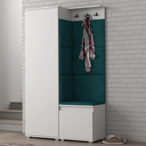 CUI510 - Cuier 104x37x177 cm - 3 agatatori haine, hol, pantofar - Alb, tapiterie Turcoaz/Gri/Albastru