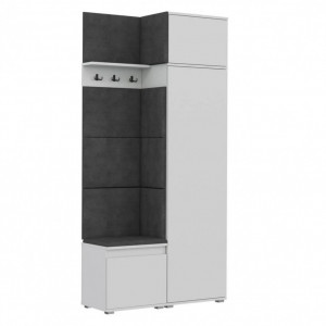 CUI511 - Cuier 104x37x214 cm - 3 agatatori haine, hol, pantofar - Alb, tapiterie Turcoaz/Gri/Albastru