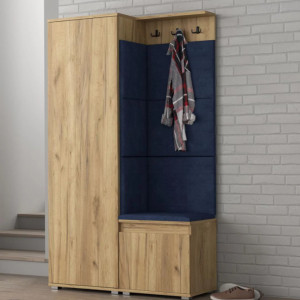 CUI514 - Cuier 104x37x177 cm - 3 agatatori haine, hol, pantofar - Stejar, tapiterie Turcoaz/Gri/Albastru