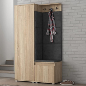 CUI515 - Cuier 104x37x177 cm - 3 agatatori haine, hol, pantofar - Sonoma, tapiterie Turcoaz/Gri/Albastru