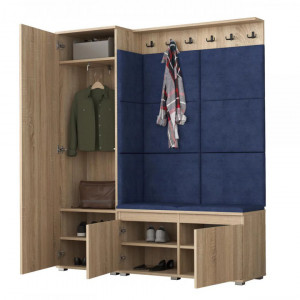 CUI517 - Cuier 154x37x177 cm - 6 agatatori haine, hol, pantofar - Sonoma, tapiterie Verde/Gri/Albastru