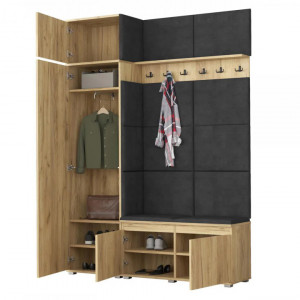 CUI521 - Cuier 154x37x214 cm - 6 agatatori haine, hol, pantofar - Culoarea Stejar, tapiterie Verde/Gri/Albastru