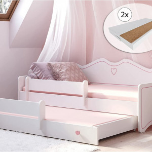 PAAC207 - Pat pentru 2 copii, cu 2 saltele 80x160 cm, model Inimioare Roz pentru fetite, cu somiera - Alb