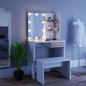 SEA276 - Set Masa toaleta 75 cm, cosmetica machiaj oglinda cu sau fara LED, masuta vanity Alb-Maro