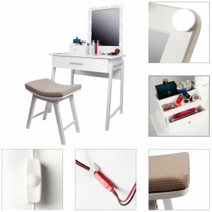 SEA287 - Set Masa toaleta, 80 cm, cosmetica machiaj, oglinda cu LED, masuta vanity, scaun tapitat, comoda make-up - Alb