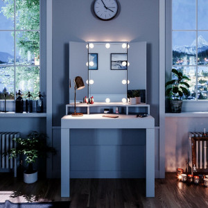 SEA339 - Set Masa alba toaleta moderna, 90 cm, cosmetica machiaj oglinda masuta vanity cu oglinda cu LED sau fara LED