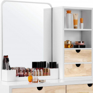 SEA342 - Set Masa toaleta cosmetica 90 cm machiaj masuta vanity, oglinda make-up, cosmetica cu scaun tapitat - Alb