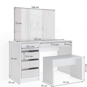 SEA348 - Set Masa toaleta, 120 cm, moderna cosmetica machiaj oglinda, masuta vanity - Alb Lucios
