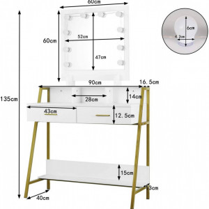 SEA351 - Set Masa toaleta, 90 cm, cosmetica machiaj oglinda masuta vanity, oglinda cu LED-uri - Alb
