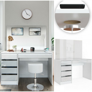 SEA352 - Set Masa toaleta, 120 cm, masuta vanity cu incarcare Qi, moderna cosmetica machiaj oglinda cu sau fara LED, cu sau fara scaun- Alb Lucios