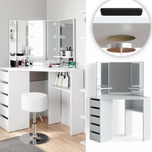 SEA353 - Set Masa alba toaleta cosmetica machiaj oglinda cu LED, masuta vanity pe colt cu incarcare Qi
