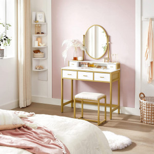 SEA357 - Set Masa toaleta, 90 cm, cosmetica machiaj cu oglinda si scaun, masuta vanity - Alb-Auriu