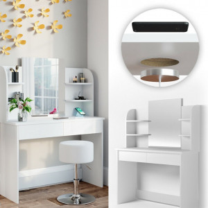 SEA359 - Set Masa alba toaleta cosmetica machiaj oglinda cu LED, masuta vanity cu incarcare Qi