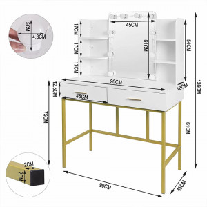 SEA362 - Set Masa toaleta, 90 cm, cosmetica machiaj, oglinda cu LED, masuta vanity - Alb-Auriu