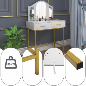 SEA364 - Set Masa toaleta, 80 cm, cosmetica machiaj, oglinda, masuta vanity - Alb-Auriu