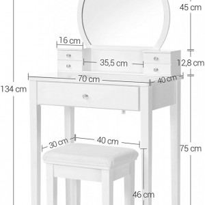 SEA376 - Set Masa toaleta, 70 cm, cosmetica machiaj, oglinda, masuta vanity cu taburet tapitat - Alb