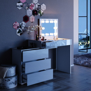 SEA389 - Set Masa alba toaleta moderna, 117 cm, cosmetica machiaj oglinda masuta vanity cu oglinda cu LED sau fara LED