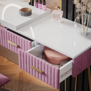 SEA394 - Set Masa toaleta, 120 cm, cosmetica machiaj, oglinda cu LED, masuta vanity, scaun tapitat - Alb-Auriu-Roz