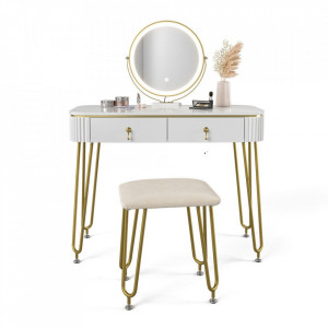 SEA398 - Set Masa toaleta, 100 cm, cosmetica machiaj, oglinda cu LED, scaunel taburet tapitat - Alb Lucios-Auriu