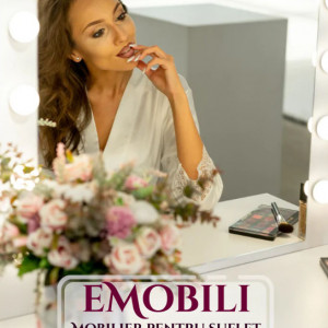 SEA516CN - Set Masa toaleta, 120 cm, cosmetica machiaj, masuta vanity, oglinda cu LED-uri cu manere tip Black Crystal - Alb