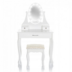 SEA519 - Set Masa alba toaleta, 75 cm, cosmetica machiaj oglinda cu LED, masuta vanity, scaunel, taburet tapitat